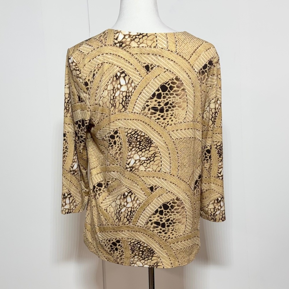 Chicos Top Women Size Large 2 Gold Brown Metallic 3/4 Sleeve Stretch Pullover - Picture 3 of 7